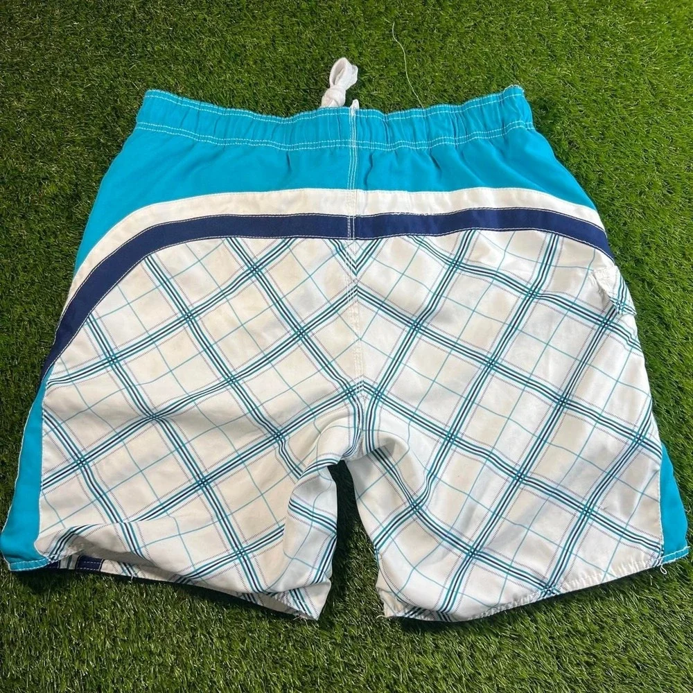 OP Ocean Pacific Plaid Swim Trunks Blue White Mesh Lined Mens Large 36 38 Surf